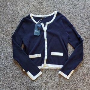 NEW Zara M Medium Pearl Button Navy Blue Cardigan Classic